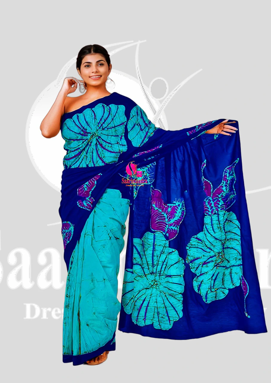 Batik Indian Premium Elegant Royal Blue & Aqua Green Floral Printed Batik Cotton Saree